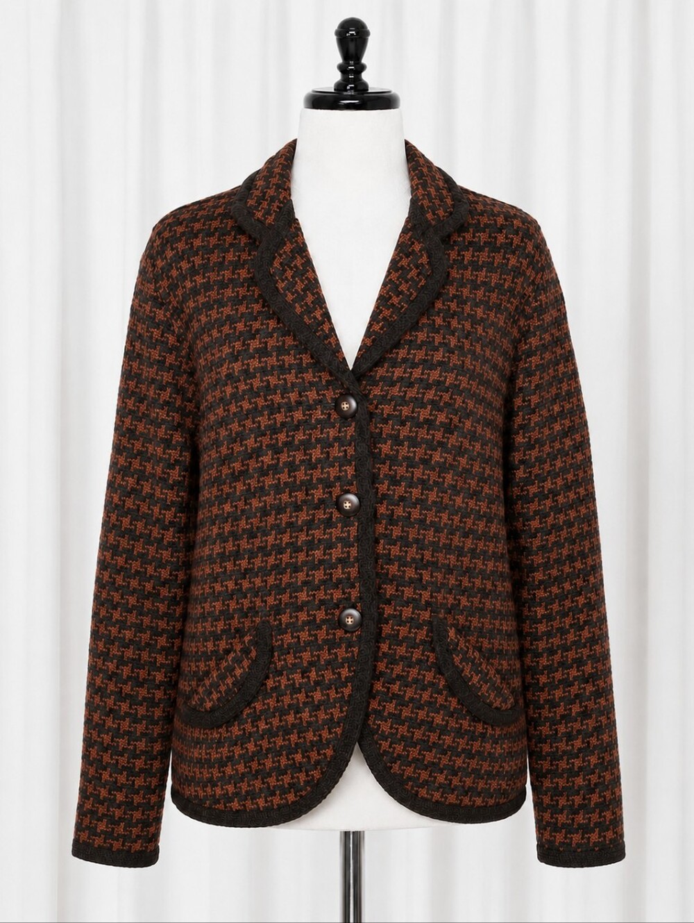 David Brooks Vintage Pumpkin Brown Houndstooth Lambswool Knit Sweater Blazer